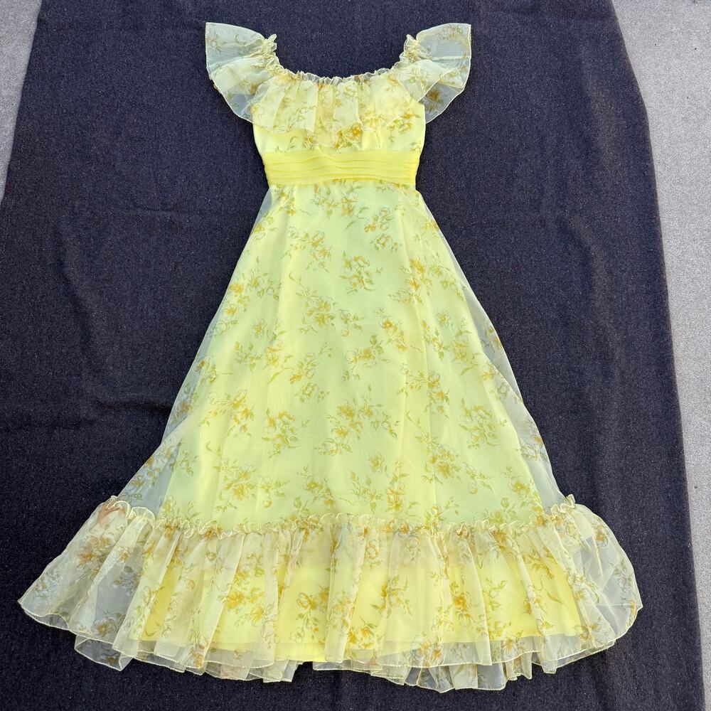 Women's Vintage 1970's Yellow Floral Ruffled Formal Garden Party Maxi Dress Sz S